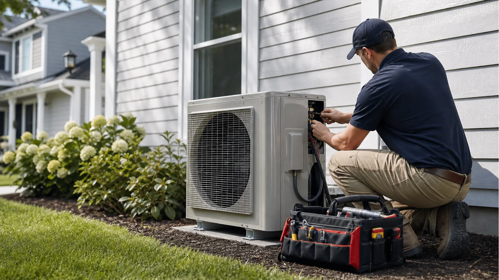 Technician working beside a residential heat pump unit outside a home